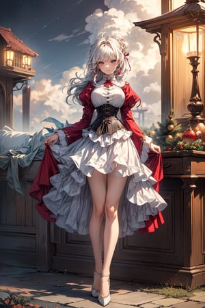 masterpiece,best quality,(fantasy:1.2), christmas , christmas 
hat, santa hat, santa cloth, ((standing)), looking viewer,((1girl, solo)),(mature lady),  (professional attire), (ultra detailed classy classic christmas uniform:1.3), (corset:1.3),(layered skirt:1.3), (long skirt(, (pin_heels), (red and white theme:1.3), (hourglass body), (colorful),(delicate eyes and face),volumatic light,ray tracing,bust shot,upper body, extremely detailed CG unity 8k wallpaper,solo,smile, sky,cloudy_sky,night,light,fantasy,windy,magic sparks,fantastic, steam, fog, smog, tea, antique house, fantasy theme, wind ,blowing hair, black long single bun hair, bangs, 