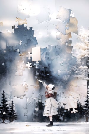 1girl,  in the puzzle,  Embrace the winter spirit! Your workflow must include elements inspired by the beauty of snowflakes: 1.4,bg_imgs,, ,puzzle_style