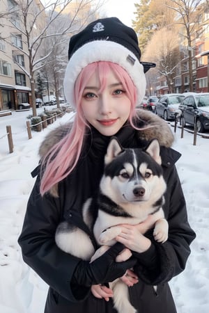 smile,beautiful woman,heavy winter coat,a woolly hat,gloves,holding a snow-white husky,whose fur gleams pristine in the winter sunlight,The woman's demeanor exudes gentleness and affection,a serene winter street,trees lining the sides covered in white snow,warmth and happiness,photo r3alm,Extremely Realistic