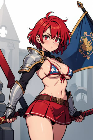 cute female knight with red hair and red eyes, wearing light armor and wielding a greatsword,,flag, armor, powerful, side_tie_bikini, miniskirt
