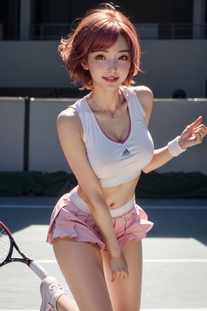 (masterpiece), best quality, highly detailed, face and skin, realistic photo, white tone color image, (expressive eyes, perfect face, detailed lips, beautiful face, smile, cute), 1girl, pink hair, short hair, big breast,panty shots, tennis clothes, tennis court,high leg,full body shot,tennis shoes
