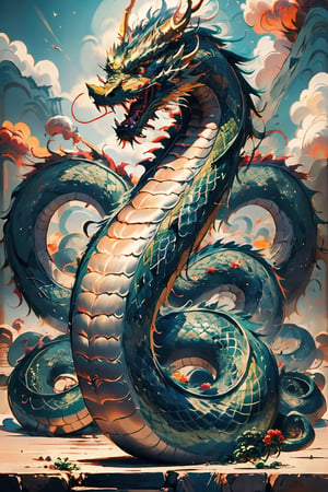 (masterpiece, best quality, ultra-detailed, 8K, ), high detail, 
1 female snake,  no human, human hands,  human breasts, fire,   low body as snake	tail, no human leg,  
 flying speedy on the sky,snake_girl,dragon-themed