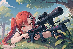 (masterpiece, best quality, ultra-detailed, 8K, ), high detail, 

1girl,  from below,  sniper, holding sniper gun, long gun: 1.1,  ,  shooting,   tree, ,  on the floor, lying,bg_imgs,yoko littner