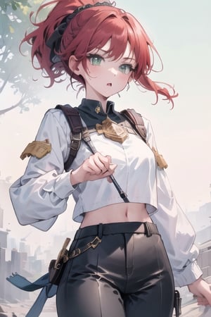 1girl, red hair, yellow circlet, high ponytail, ((braided ponytail)), absurdly long hair, green eyes, tan, black crop top, red collar, black disconnected sleeves, long sleeves, baggy white pants, hair accessory, perfect anatomy, female_solo, (insanely detailed, beautiful detailed face, masterpiece, best quality),  highest quality, 8K, RAW photo, perfect face, cowboy_shot