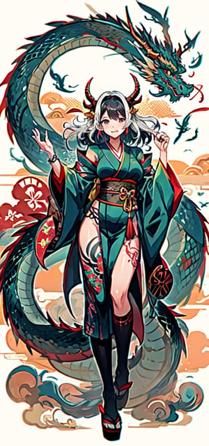 sfw,  1girl, japan,  tattoo dragon ,dragon-themed,complex background