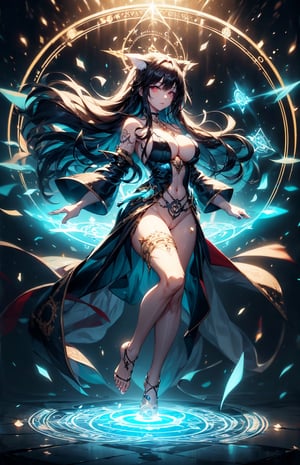 ((( in the middle of a magic circle lights around floating hair flying, invoking magic))), moonlight,(busty), best quality, extremely detailed, HD, 8k, 1girl, bioluminescence circle,
Masterpiece, Best Quality, 1girl, dark_skin_female, red_eye, very black long hair, floating girl , floating on the air, floating hair, fullbody, nude, big_breasts, bare_feet, pussy, tattoo
