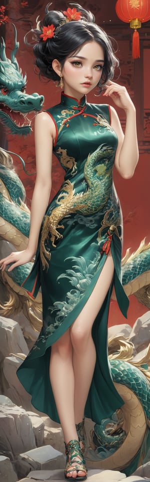 dragonyear, dragon-themed, 
Qipao ,1 girl, full body:1.1, (masterful), detailed and intricate, , Glass Elements, looking_at_viewer, chinese girls, goth person, sfw, complex background, rock_2_img, bg_imgs, 