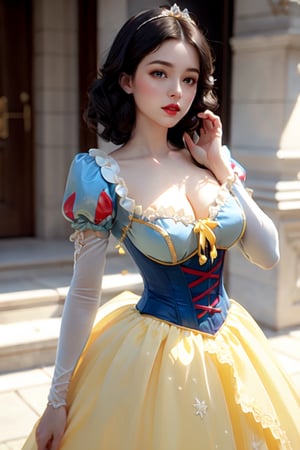 Sexy pinup model, Disney princess snow white, high_res,  detailed eyes, , tight blue corset, , yellow dress, fluffy hair, ,snowwhite