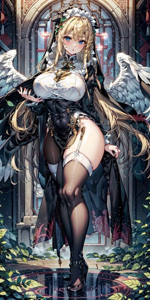 Samus Aran, Cute girl, long curly blonde hair, blue eyes, fabulous Chinese-style clothes with complex patterns, lace, (emerald stockings), long heel, jewelry and jewelry, floating silk ribbons, masterpiece, high detail, complex and detailed background, in the background the space, a small a trickle, early morning, dew on the leaves, a light fog has almost dissipated, a mystical atmosphere, volumetric lighting, thin with a graceful figure,nun,angel_wings