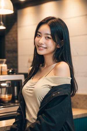 1girl, ((Masterpiece)), (wide shot) 35mm, beautiful cute 24 year young woman in place with black jacket, (wearing a white t-shirt), off left shoulder, (small breasts), (perfect body), bright eyes, (long black straight hair), (skin texture:1.1), (white_skin:1.2), mole_under_eye, best quality, ultra high res, Raw photo, pouring coffee in a cafe as barista, messy walls, ((dramatic lighting)), ((high spirits)), ((smiling)), mouth closed, (cinematic teal and beige tones), muted tones, porous skin of face, No facial stains, centered,sunlight,  hk_gril