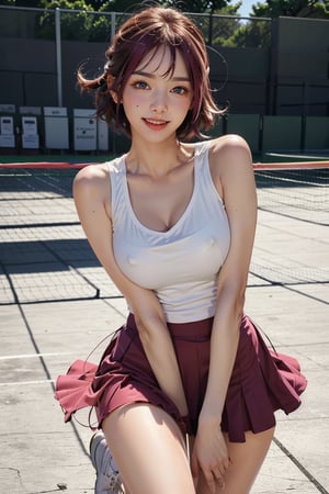 (masterpiece), best quality, highly detailed, face and skin, realistic photo, white tone color image, (expressive eyes, perfect face, detailed lips, beautiful face, smile, cute), 1girl, pink hair, short hair, big breast,panty shots, tennis clothes, tennis court,high leg,full body shot,tennis shoes
