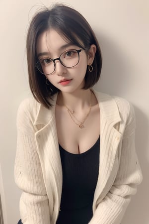 1girl, necklace, earrings, eyewear, sweater, sexy, against_the_wall, glasses,  black jacket, jewelry, long hair, jacket, brown hair, bob_cut