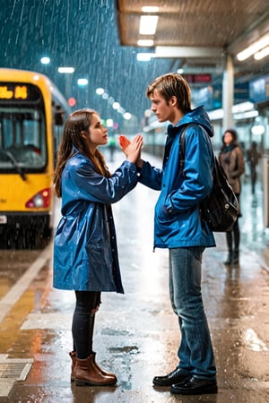 European, two young people, masterpiece, top quality, young man and girl are very in love with each other,they are kiss, both 28 years old. Under the rain, the girl is wearing a raincoat and jeans underneath, the man is wearing a blue jacket and jeans, an extremely sad and emotional scene in the night intercity ((at the bus terminal)). girl is about to break up with her boyfriend, their hands are about to be separated from each other, shot from outside, woman about to be left alone, rain, ((terminal)) man waves to the girl from inside the bus and the girl cries very emotionally, drenched, professional professionalism, crooked, both, facing viewer, seen to viewer, live 8k, ultra realistic, night, upper body, photo r3al, shooting star, photo r3al