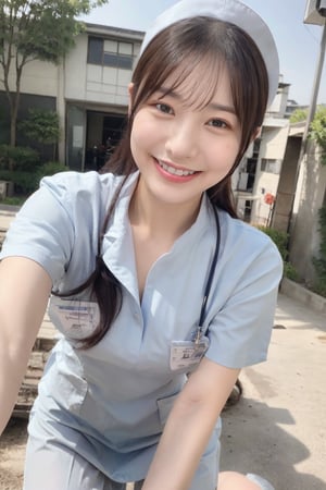smiling eyes, nurse_uniform, outdoor,nurse_uniform