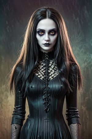 Modern art style on the theme of The Addams Family, in the style of Stefan Gesell, RGB ratio, (((full body))), delicate face, 20-year-old gothic girl, wild hair, dark, creepy, cartoonish, fantasy horror art, dark concept art, in style of dark fantasy art, detailed 4k horror artwork, highly detailed, gradient background,