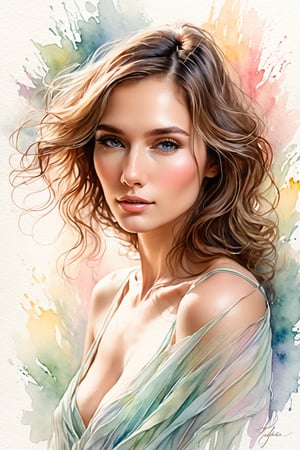 watercolor Sketch, she express her deep soul and strength combined with softness and sensuality, alluring,  pastel drawing, illustrative art, soft lighting, detailed, more Flowing rhythm, elegant, low contrast, add soft blur with thin line, ,julia