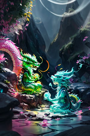eastern dragon:1.1, HDR, Ultra detailed illustration, a magical world full of unique luminous flora, pastel colors, full body shot, anime body, Final Fantasy theme, digital art, night, dark, (red  bioluminescence:1.2), (darkness background:1.2),   take rest at place with a lot of bioluminescence  mushrooms, bioluminescence meadow, high contrass, low shadow, high hill ,dragon-themed,slime girl