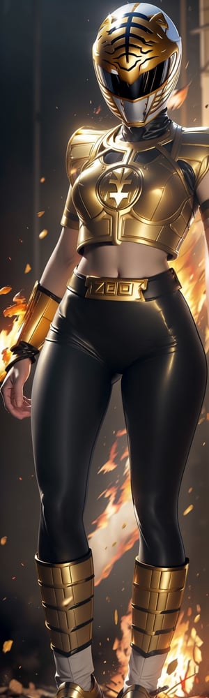 female,  1girl,  female body, ((masterpiece, best quality)), zeo gold ranger, zeo gold ranger suit, full body, fire explosion, mix of fantastic and realistic elements, uhd image, vibrant illustrations, hdr, ultra hd, 4k,zeo_gold_ranger