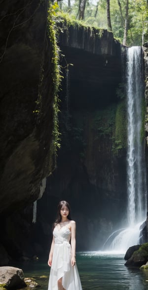 white theme, An Asian young woman with long flowing hair, adorned in a delicate emerald white gown, surrounded by a mesmerizing rainforest waterfall environment. She stands amidst a dance of luminescent, which glow in hues. The backdrop is a cascading waterfall, punctuated by the soft glow of bioluminescent plants and the gentle mist of water. The woman's gaze is distant, as if lost in thought, white