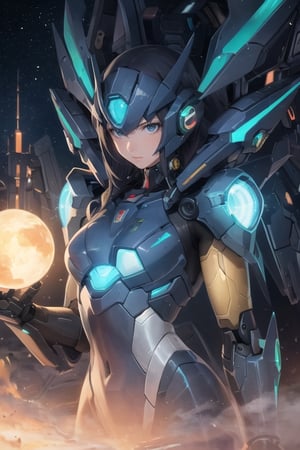 mecha, mecha_musume, metal, 1girl, solo, masterpiece, best quality,ballon, (High quality, hyper realistic, 8k, UHD), 1girl, Generate a picture inspired by Metroid Prime in her glowing shiny ultimate armor made from transparent glass, very detailed armor, symmetrical, close up, very detailed reflection, light glare, masterpiece, vivid vibrant color, solar system in background, back light, ,Movie Still,neon photography style,insane details ,mecha_musume,,portrait,mechanical