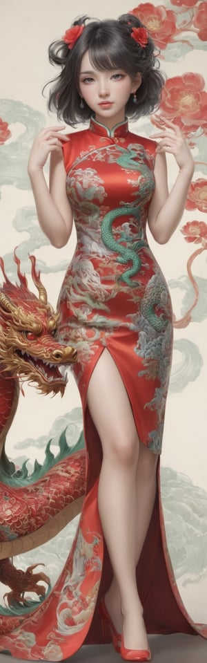 
Qipao:1.1,1 girl, full body:1.1, (masterful), detailed and intricate, Glass Elements, looking_at_viewer, Chinese girls, goth person, sfw, complex background, dragon pattern on red Qipao, dragon-themed, 