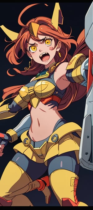 mechanical, mecha_musume, metallic, metal, 1girl, solo, open mouth, navel, yellow eyes, teeth, headgear, gauntlets, clenched hands, navel cutout, duel monster