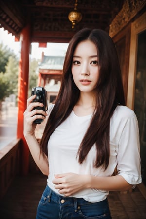 A beautiful girl with long  brown hair and brown eyes, wearing casual jeans and a white T-shirt, holding a camera, wandered around the Chinese palace, capturing the beauty and sacredness of ancient buildings.
