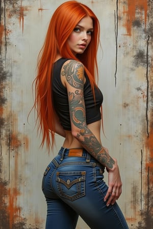 photorealism, Best quality, detailed,sexy,girl, masterpiece, sharp focus, breathtakingly beautiful woman as a center of composition, long ginger hair, straight parting, symmetrical styling, crop top with intricate design, tattoes sleeve. slimfit jeans, sneakers, urban style background, ultra detailed background, picture should be done in handpainted style /merge drawing techniques of pencils, ink and aerosol colors/, trending on social media and fashion magazines, side view, posing, fashion grunge photoshot style,