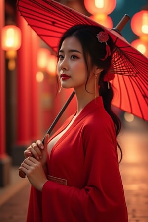 photorealism, (upper body), (portrait:1.2), KOLNB,Hanfu,Eroflo, a woman, beautiful face, red dress, japanese umbrella, bokeh, Chinese festival street, (nigh street:1.2), depth of field, columns, temple, lanterns.
Best quality, uhd, 8k, hyper detailed,Ahri,sexy,girl