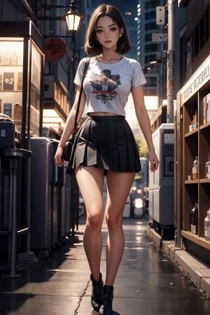 girl, full body:1.1, detailed and intricate, t-shrit, skirt, complex background,comic style