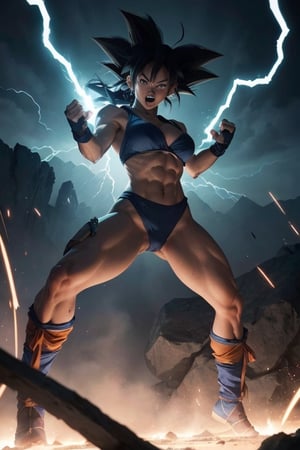 1girl,  big breast, (feamle Goku) , Witness the awe-inspiring power of Goku as she unleashes her extraordinary abilities in a stunning display of strength and energy. Inspired by the beloved character from the Dragon Ball series, Goku stands tall with her spiky black hair and confident expression. her body radiates a vibrant aura, showcasing her immense power and determination. As he channels her energy, vibrant beams of light burst forth, illuminating the scene with dazzling colors. The movie style is a perfect blend of action and fantasy, capturing the essence of Goku's superhuman abilities. The lighting is dynamic, highlighting the intense energy surrounding Goku and casting dramatic shadows. The resolution is set to 8K, delivering unrivaled clarity and detail, ensuring every flicker of energy and every muscle movement is vividly captured. Brace yourself for an electrifying experience as Goku taps into her extraordinary powers, ready to face any challenge that comes her way.,her body surrounded by a raging storm of magic energy, the cityscape crumbling around him as he unleashes a devastating wave of destruction. People fleeing in terror at the bottom of the image, sketch, son goku,