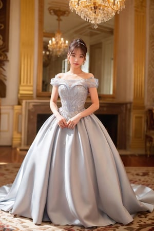cinderella, full body:1.1,crystalline_style, A girl in a modern, elegant ball gown, styled with a sleek updo and minimalist jewelry. She should have a confident, regal expression. The background is a luxurious modern palace, with clean lines, high ceilings, and extravagant chandeliers. The photo should be shot in high definition, with a sharp focus on the subject and a soft, blurred background for a captivating portrait,masterpiece,