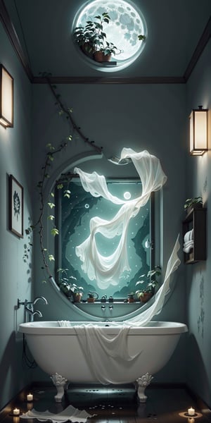  a insanely detailed photo of beautiful japanese ghost, semi transparant body, floating, (bathroom|washroom|toilet:1.0), climbing plant and entwining ivy on the wall, moon light through the broken windows, sharp focus, makoto shinkai style animation, high quality masterpiece art, ridiculous resolution, ultra-detailed, afloat, 16k