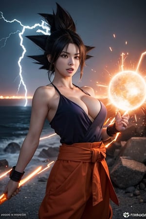 1girl,  big breast, (feamle Goku) , Witness the awe-inspiring power of Goku as he unleashes her extraordinary abilities in a stunning display of strength and energy. Inspired by the beloved character from the Dragon Ball series, Goku stands tall with her spiky black hair and confident expression. her body radiates a vibrant aura, showcasing her immense power and determination. As he channels her energy, vibrant beams of light burst forth, illuminating the scene with dazzling colors. The movie style is a perfect blend of action and fantasy, capturing the essence of Goku's superhuman abilities. The lighting is dynamic, highlighting the intense energy surrounding Goku and casting dramatic shadows. The resolution is set to 8K, delivering unrivaled clarity and detail, ensuring every flicker of energy and every muscle movement is vividly captured. Brace yourself for an electrifying experience as Goku taps into her extraordinary powers, ready to face any challenge that comes her way.,her body surrounded by a raging storm of magic energy, the cityscape crumbling around him as he unleashes a devastating wave of destruction. People fleeing in terror at the bottom of the image, sketch, son goku,