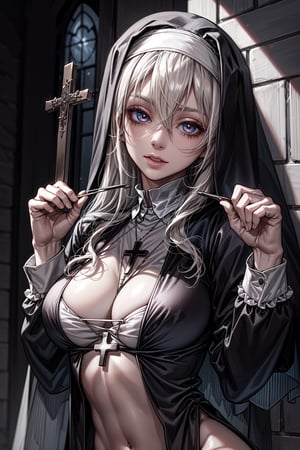 1girl, solo, nun, nun outfit, pale skin, cross necklace, glasses, ((perfect body)), praying pose, ((High resolution)), ((Detailed face and texture)),nun
