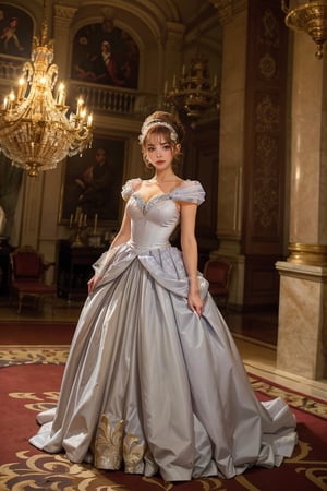 cinderella, full body:1.1,crystalline_style, A girl in a modern, elegant ball gown, styled with a sleek updo and minimalist jewelry. She should have a confident, regal expression. The background is a luxurious modern palace, with clean lines, high ceilings, and extravagant chandeliers. The photo should be shot in high definition, with a sharp focus on the subject and a soft, blurred background for a captivating portrait,masterpiece,