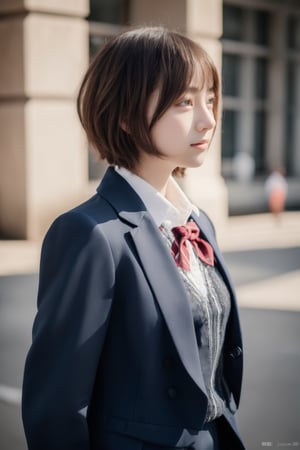 high school student,girl,short curly hair,school uniform(ribbon,laced blouse and suit),back_pack,at school wall,Best Quality, 32k, photorealistic, ultra-detailed, finely detailed, high resolution, perfect dynamic composition, beautiful detailed eyes, sharp-focus, cowboy_shot, 