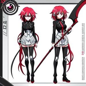 ,long hair, red and black uniform,holding a red scythe,full body,serious face, scarlet shinny eyes,,ikaros,  magenta_hair