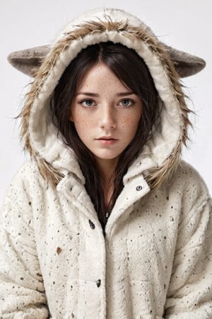 dark hair,  gray eyes,  freckles,  1girl,  white background,  fuzzy jacket,  open coat,  animal hood,
 ,