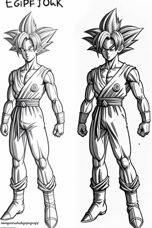 draft, outline, monochrome,  reference sheet, drawing a goku
