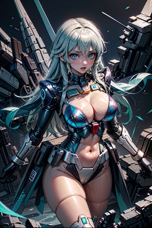 Beautiful iconman girl, upper body, ((metal)) ,  mechanical , fighting, mecha_musume,  many led light, colorful_hair ,mechanical,  floating gun in sky, 
 gundam_girl,1girl,random viewer,metal,BJ_Gundam,mecha musume,mecha_musume,gundam_girl,SGBB,perfect light,Mecha,(gigantic breast:1.0),cleavage cutout,(shiny oil skin:1.5),realhands,non-humanoid robot,crystal4rmor,bg_imgs,wetshirt,Android_18_DB,NamiFinal,Ice wraps around the girl (lingering:1.2),ic34rmor,sexyfashion03,huoshen,gonggongshi,shuishen,stone_statue,monochrome