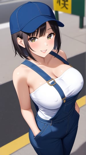  (masterpiece), best quality, expressive eyes, perfect face, aasubaru, short hair, black hair, big breasts, tube top, suspended overalls, looking at viewer, smiling, blush, hands on pockets, from above, from side, street background, cap,cameltoe