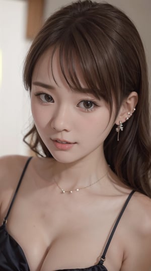 (best quality,masterpiece:1.2, photorealistic:1.4, highly detailed), 1 girl, in her 20s, detailed beautiful face, smile, detailed beautiful eyes, medium-length light-brown hair, wearing a fashionable navy dress, looks like a princess, cleavage, hair ornament, earrings, necklace, realistic detailed skin texture, detailed hair, at hotel lounge, at night, sharp focus, upper-body portrait, asian girl,lisa