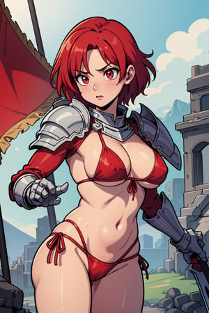 cute female knight with red hair and red eyes, wearing light armor and wielding a greatsword,,flag, armor, powerful, side_tie_bikini