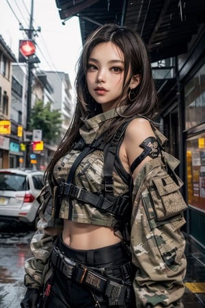 1girl, a chest up portait of a beautiful student model in blue camouflage posing lively, looking at viwer, dark beige pixie hair style, urban techwear, outfit, crowded street in the rain, depth_of_field, fingerless glove, shoulder holster, belt, hoslter, thigh holster,phlg