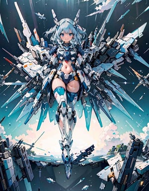  Masterpiece, Top Quality, High Definition, Artistic Composition, 1 girl, smiling, tight blue and white space suit, floating in space, floating in space, large mechanical wings on her back, lively, action pose, full body, from below,  mecha 