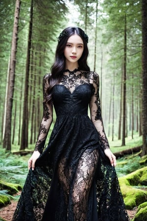 1girl, solo, detailed skin texture,pure skin, full_body,  detail, forest, long black dress,  lace
