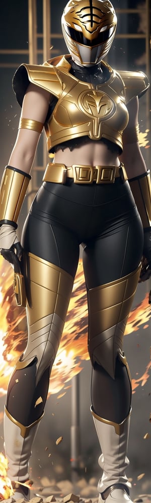 female,  1girl,  female body, ((masterpiece, best quality)), zeo gold ranger, zeo gold ranger suit, full body, fire explosion, mix of fantastic and realistic elements, uhd image, vibrant illustrations, hdr, ultra hd, 4k,zeo_gold_ranger,  broken,  broken suit