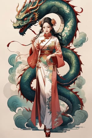 dragon-themed, dragon scale, mesmerizing watercolor paint,  detailed full body woman dressed, comic style, complex background, chinese element, cloud