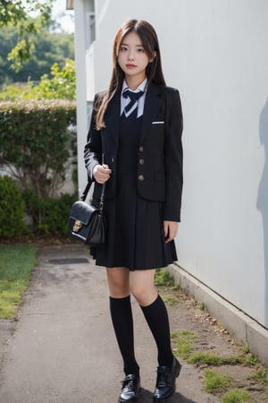 Realistic 16K resolution photography of 1girl,ultra Realistic, Extreme beautiful Detailed, (full body1.2), school uniform, ,dress,school uniform, :),jp_school_uniform